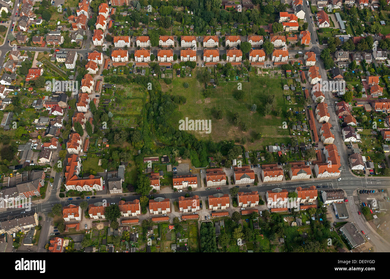 Luftaufnahme, ein Bergbau-Dorf mit einem Park in der Mitte, am südlichen Recklinghausen, Recklinghausen, Ruhrgebiet Stockfoto
