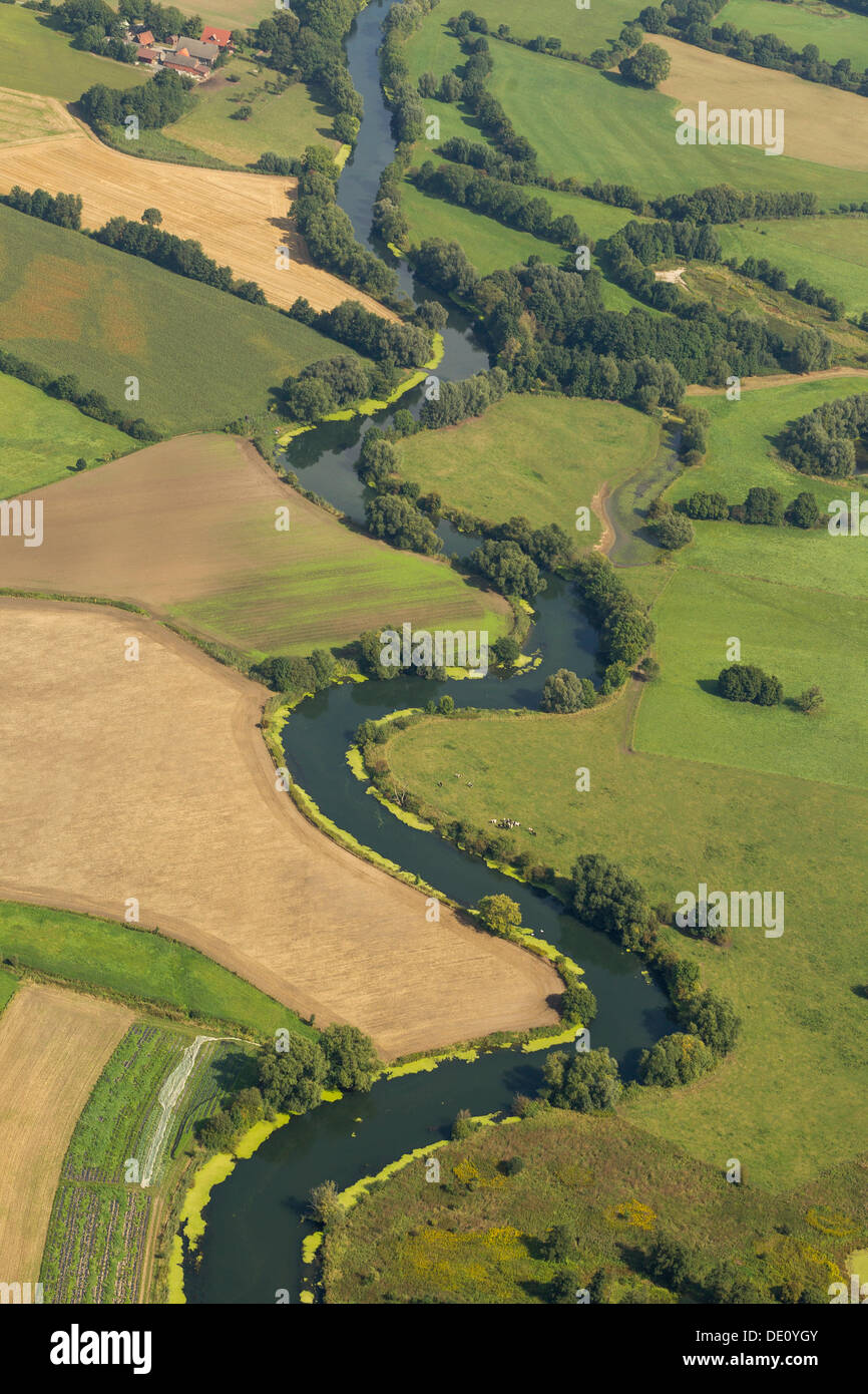 Luftbild, Lippe Fluss, Wiesen, Mäander, in der Nähe von Lünen, Ruhrgebiet, Nordrhein-Westfalen Stockfoto