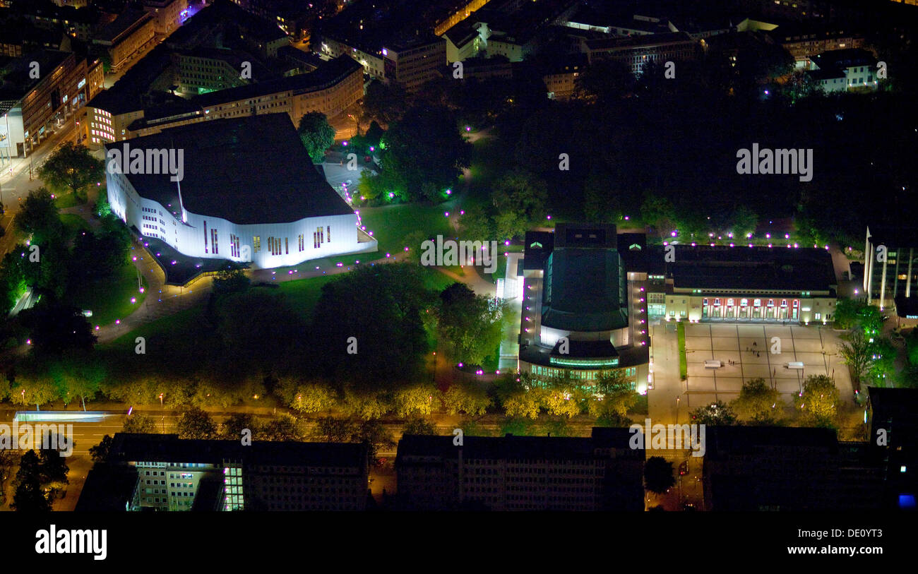 Luftaufnahme, Aalto-Theater, Philharmonie, in der Nacht, Essen, Nordrhein-Westfalen Stockfoto