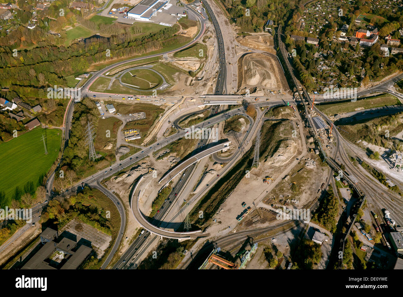 Luftaufnahme von einem Autobahnkreuz im Bau, A40 B1 Donezk-Ring Bau Website, Wattenscheid, Bochum, Ruhrgebiet Stockfoto