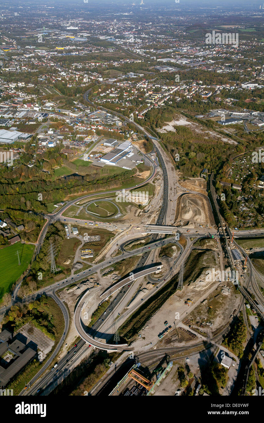 Luftaufnahme von einem Autobahnkreuz im Bau, A40 B1 Donezk-Ring Bau Website, Wattenscheid, Bochum, Ruhrgebiet Stockfoto