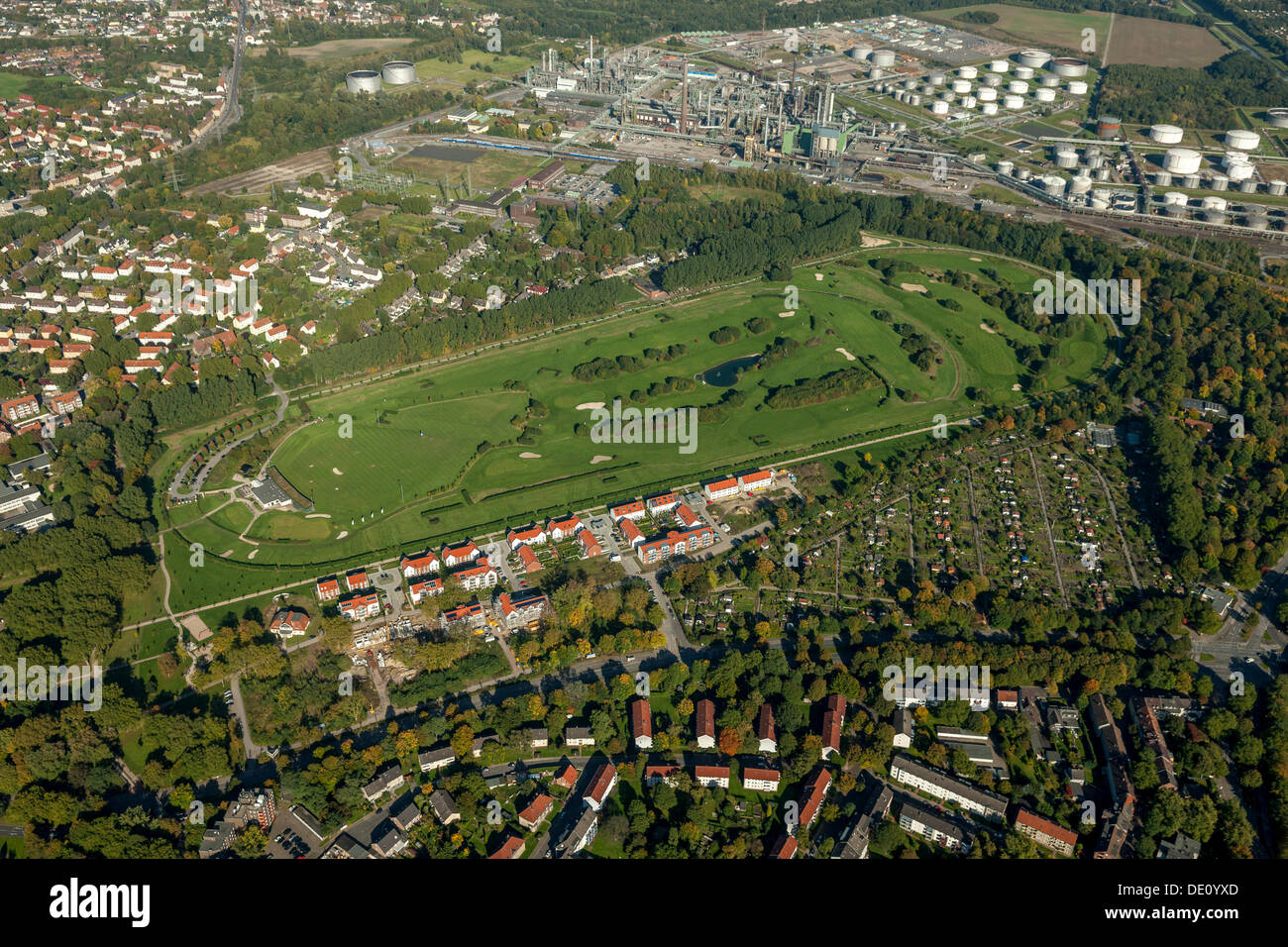 Luftbild, Neubaugebiet, Horst Racecourse, bin Schloss Horst, Gelsenkirchen, Ruhrgebiet, Nordrhein-Westfalen Stockfoto
