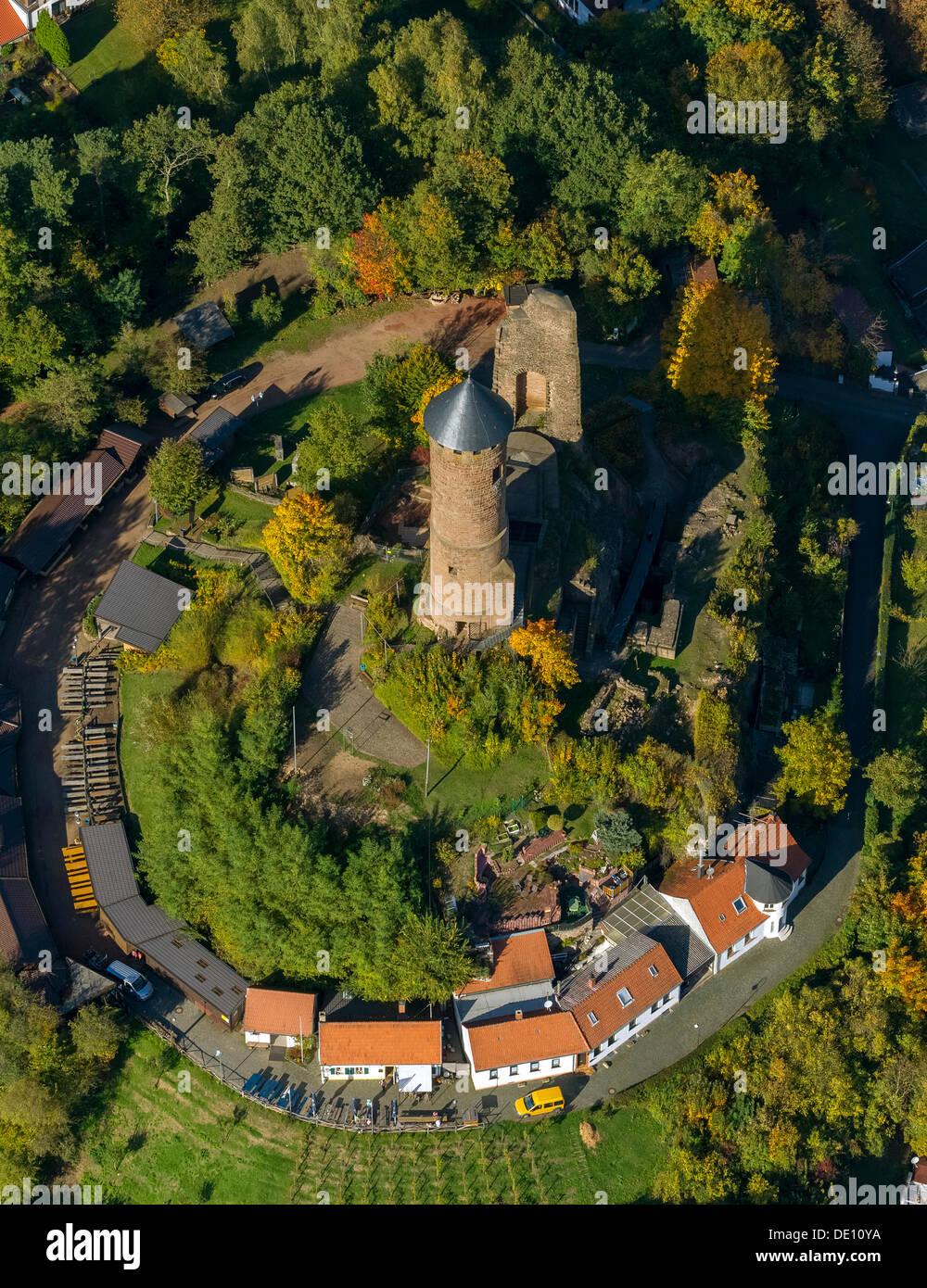 Luftaufnahme, Ruinen der Burg Kirkel Schloss, Burgruine, Schlossturm Stockfoto