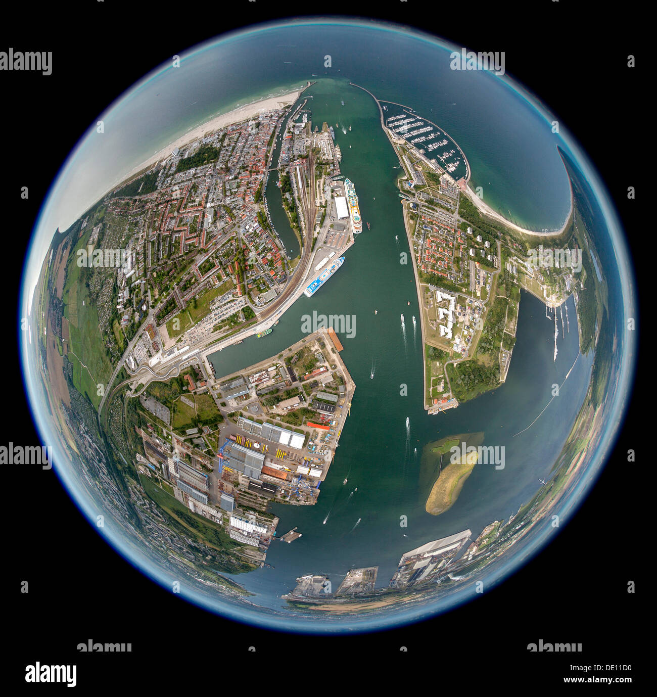 Luftaufnahme, Warnemünde Hafen, fisheye erschossen Stockfoto