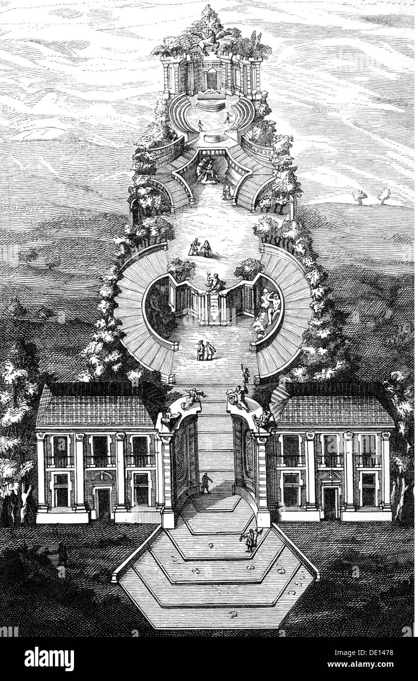 Crescimbeni, Giovanni Mario, 9.10.1663 - 8.3.1728, italienischer Geistlicher und Autor/Schriftsteller, Werke, "La bellezza della volgar poesia", 6. Band, 1702 - 1712, neue Ausgabe, Venedig, 1730, Illustration, der parnatische Wald der Arcadianer, Stockfoto