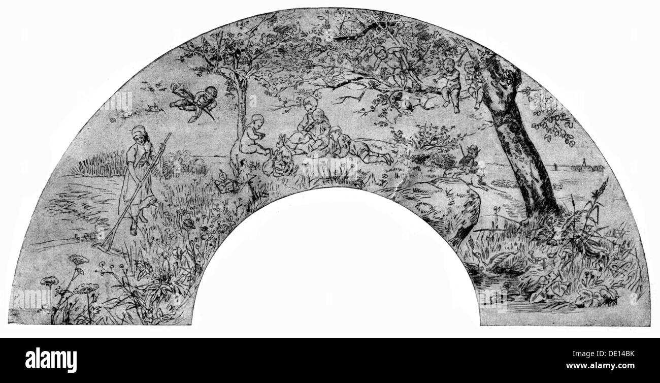 Bildende Kunst, Liebermann, Max (1847 - 1935), Grafik, Entwurf für einen Fächer, Bleistiftzeichnung, um 1897 / 1898, Holzstich, Zusatz-Rechteklärung-nicht vorhanden Stockfoto