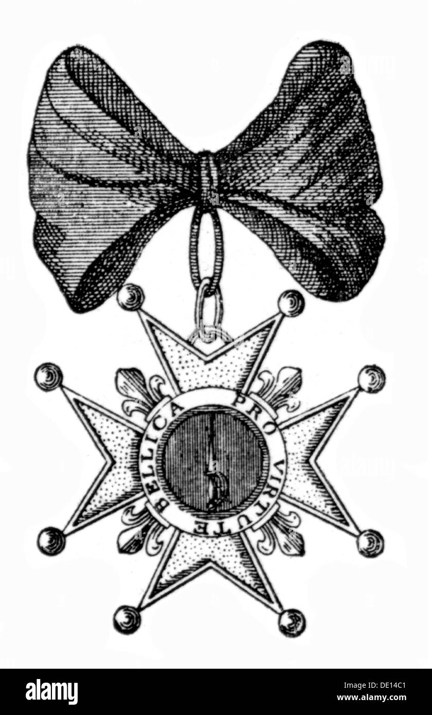 Medaillen und Dekorationen, Frankreich, Orden des Militärverdiensts (Institution du Merite militaire), eingeführt 10.3.1759 von König Ludwig XV., Kreuz eines Chevaliers mit Band, Holzstich, 19. Jahrhundert, Auszeichnung, Auszeichnungen, Dekoration, Dekorationen, Militärorden, Königreich Frankreich, Ancien Regime, Militär, Streitkräfte, 18. Jahrhundert, Kreuz, Kreuze, Band, Bänder, historisch, historisch, Zusätzliche-Rechte-Clearences-Nicht Verfügbar Stockfoto