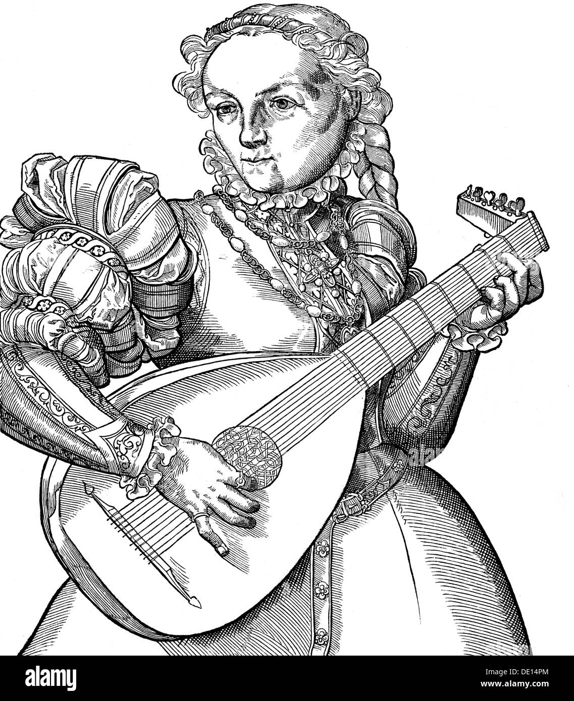 Musik, Instrumente, Zupfinstrument, Laute, Lautenist, Holzschnitt, 16. Jahrhundert, Musikinstrument, Musikinstrumente, Chordophon, Renaissance, Musiker, Musiker, Mode, Kleidung, Heiliges Römisches Reich, Menschen, Frau, Frauen, weiblich, Saiteninstrument, Saiteninstrument, Saiteninstrumente, Zupfinstrumente, Laute, Laute, Lauten, Holzschnitt, Holzschnitte, historisch, historisch-nicht-Zusatzrechte-Clearences Stockfoto