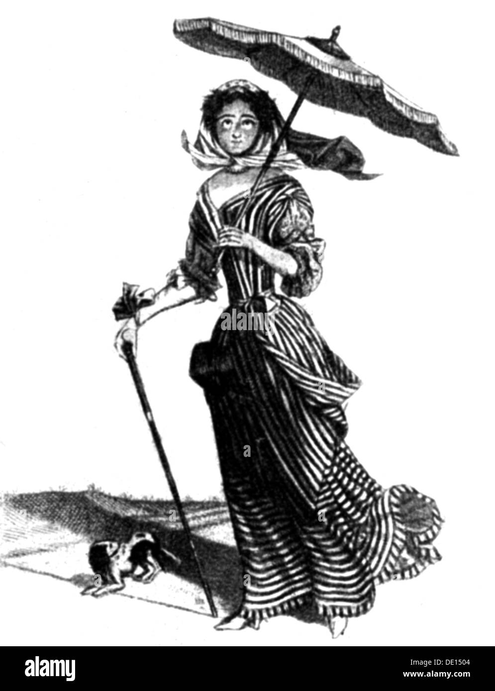 Mode, 19. Jahrhundert, Frau auf einen Spaziergang mit Schatten, nach einer Gravur, 19. Jahrhundert, Grafik, Grafiken, Kleidung, Outfit, Outfits, Damenmode, Kleid, Kleider, Kopfschmuck, Kopfschmuck, Kopfschmuck, Kopftuch, Kopftücher, Accessoires, Sonnenschirm, Schatten, Schatten, volle Länge, stehend, Mode für Frauen, Damenbekleidung, Stöcke, Stock, Hund, Hunde, Spaziergang, Frau, Frauen, Historisch, historisch, Frau, Frauen, weiblich, Menschen, Zusatzrechte-Clearences-nicht verfügbar Stockfoto