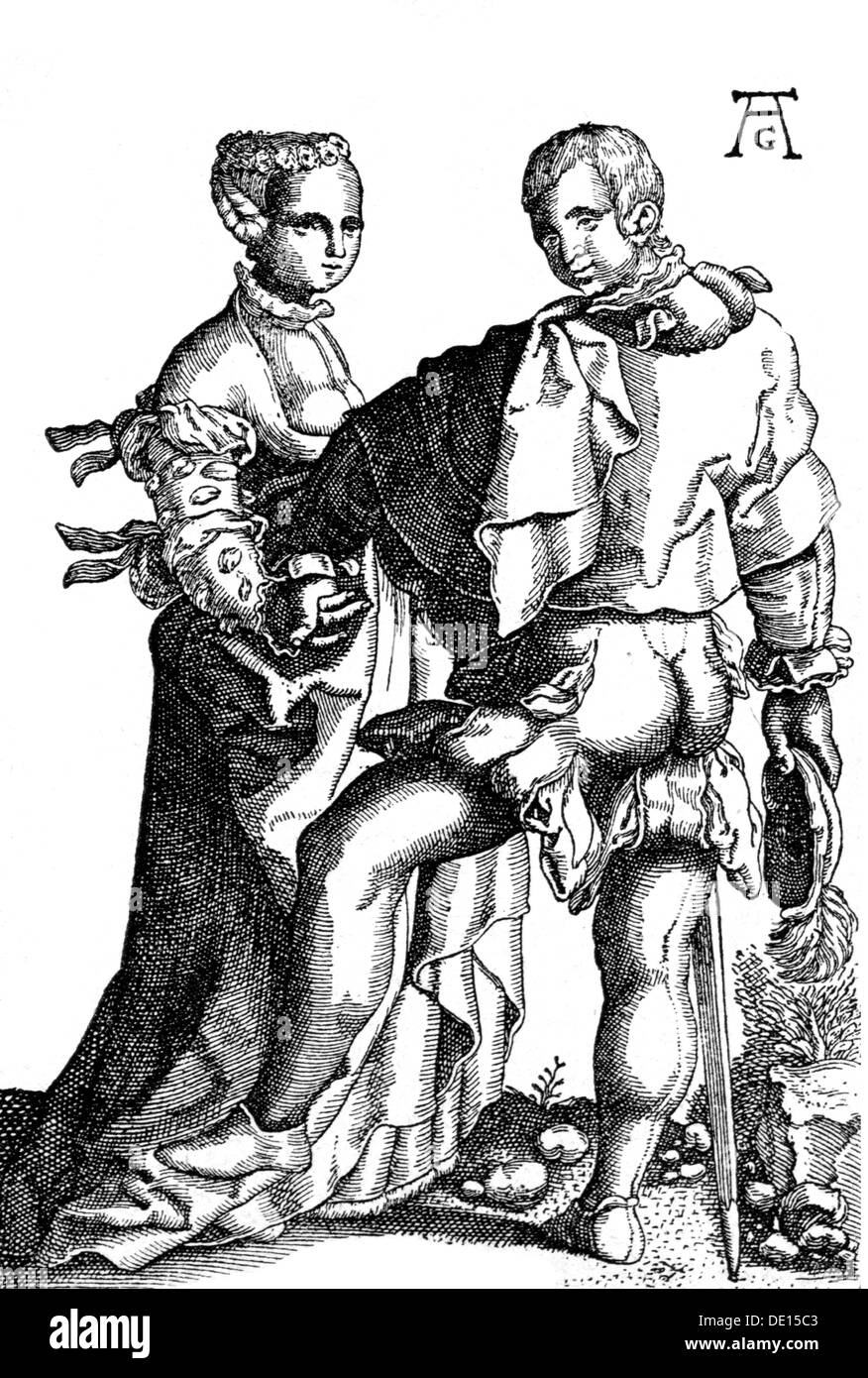 Mode, 16. Jahrhundert, die sogenannten "Spanischen Trikots", Kupferstich von Heinrich Aldegrever (1502-1555/ 1561), 16. Jahrhundert, Artist's Urheberrecht nicht geklärt zu werden. Stockfoto