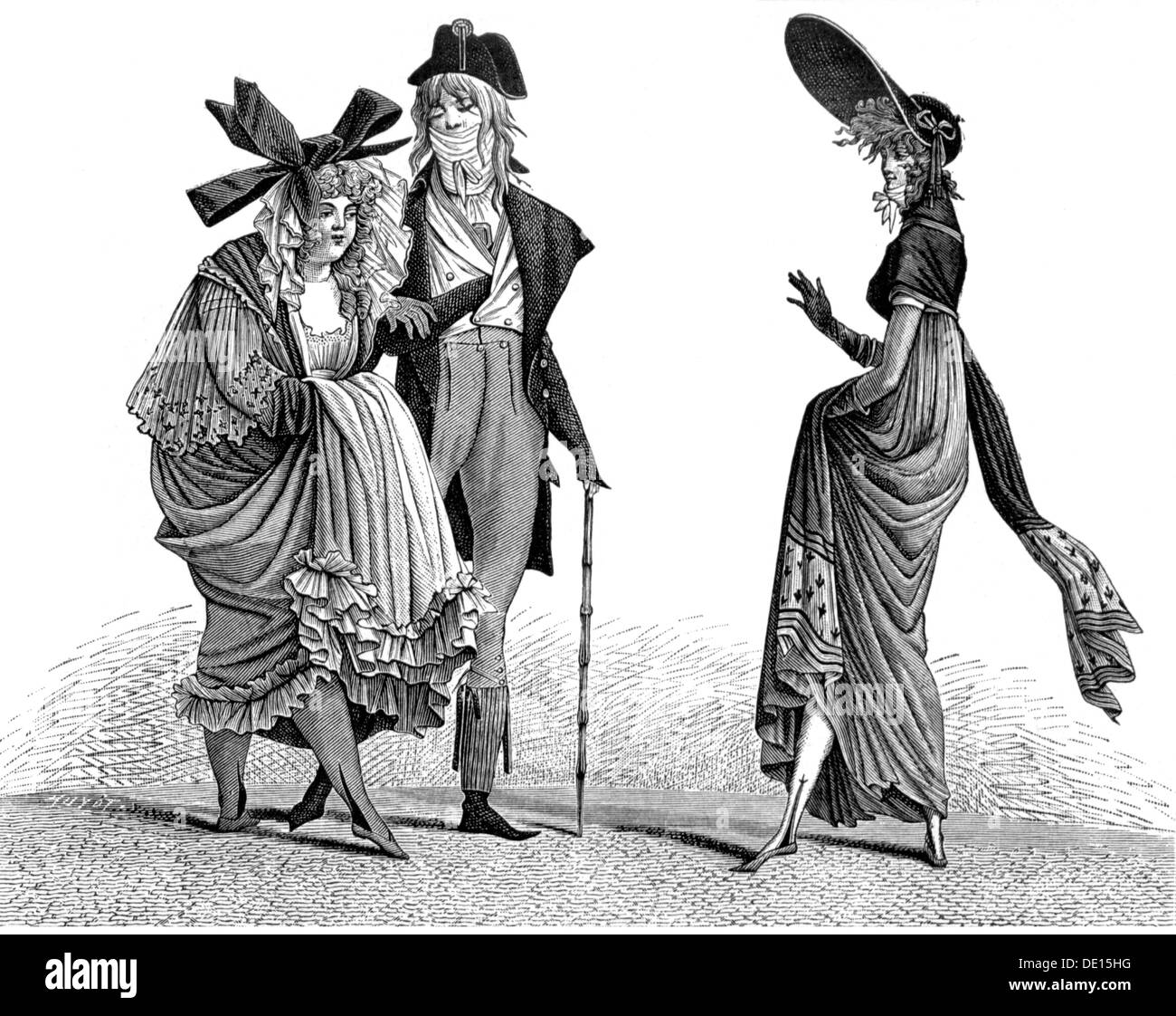 Fashion, 18. Jahrhundert, modisch gekleidet Französisch an der Zeit des Directoire, nach Carle Vernet (1758 - 1836), Kupferstich von Darcis, circa 1798, Artist's Urheberrecht nicht geklärt zu werden. Stockfoto