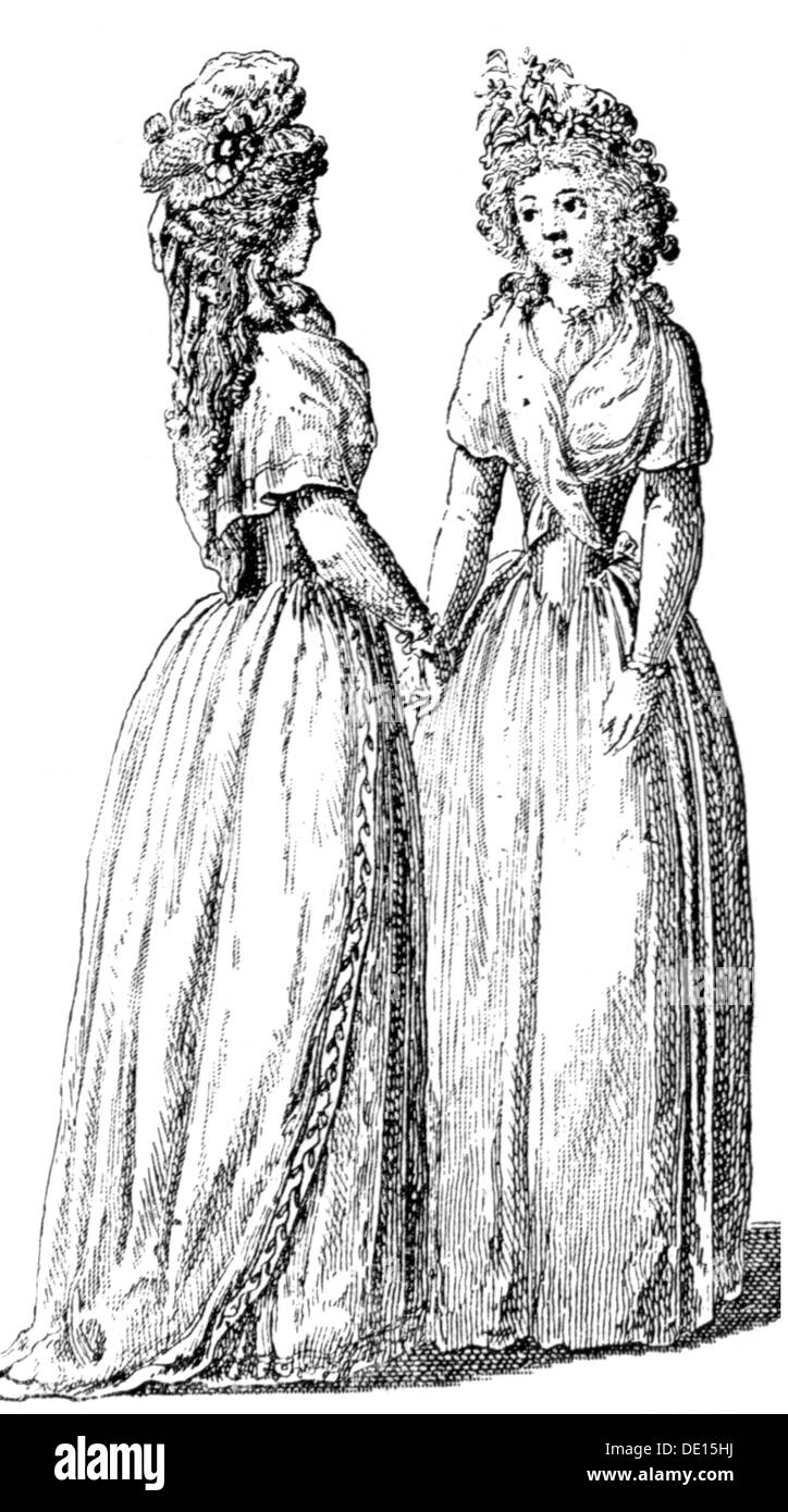 Fashion, 18. Jahrhundert, Frauen gekleidet in den Pariser Mode, Kupferstich, aus: "Göttinger Taschen Kalender", Göttingen, 1794, Artist's Urheberrecht nicht geklärt zu werden. Stockfoto