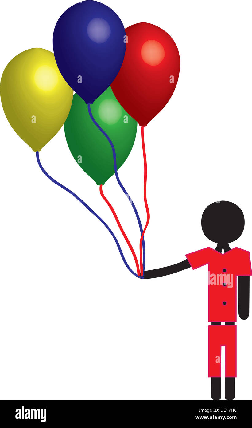 Junge mit Luftballons in rot blau gelb und grün Stockfoto