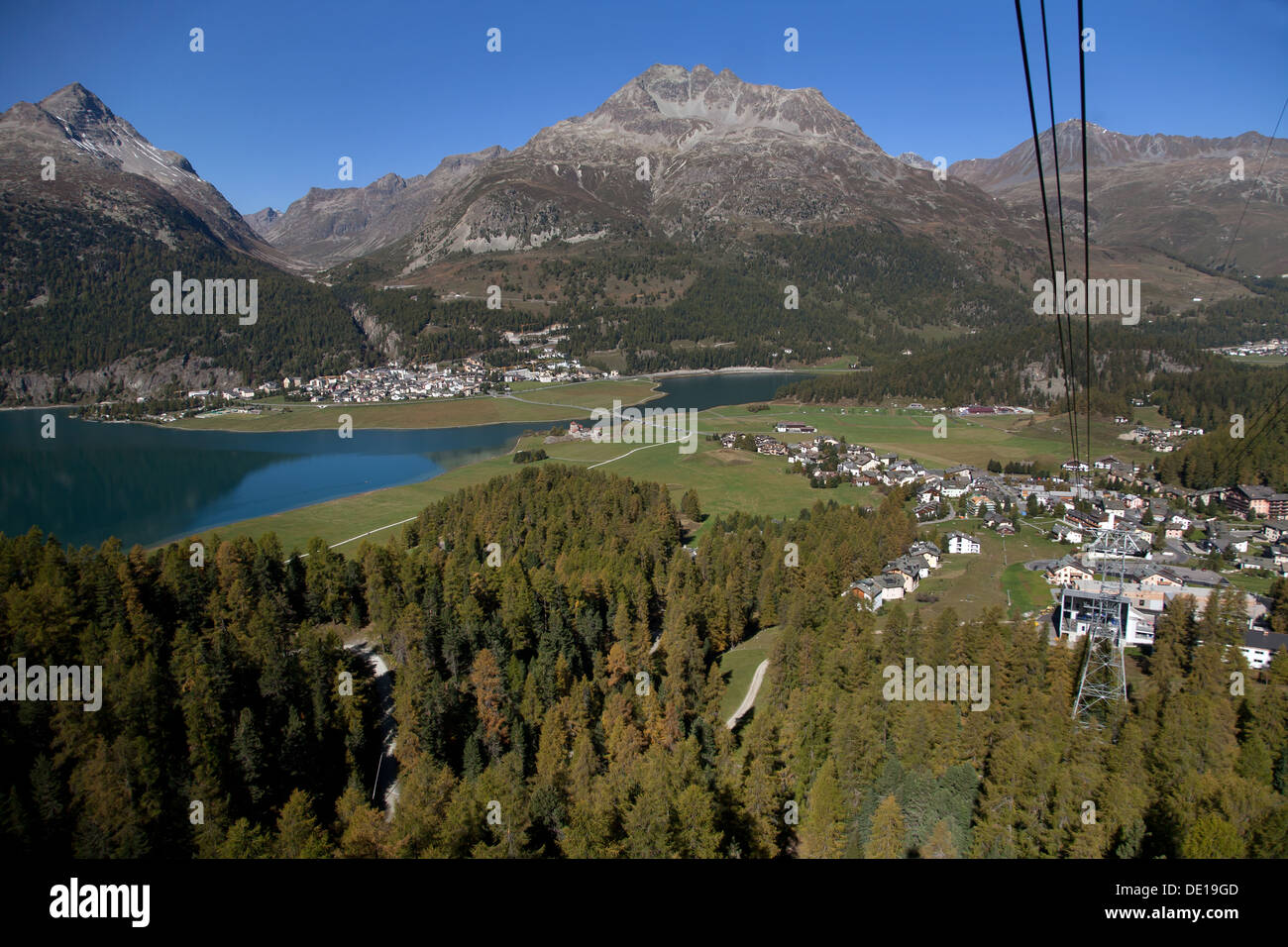 Surlej, Schweiz, Blick von der Corvatsch-Seilbahn auf die Bernina-Berge Stockfoto