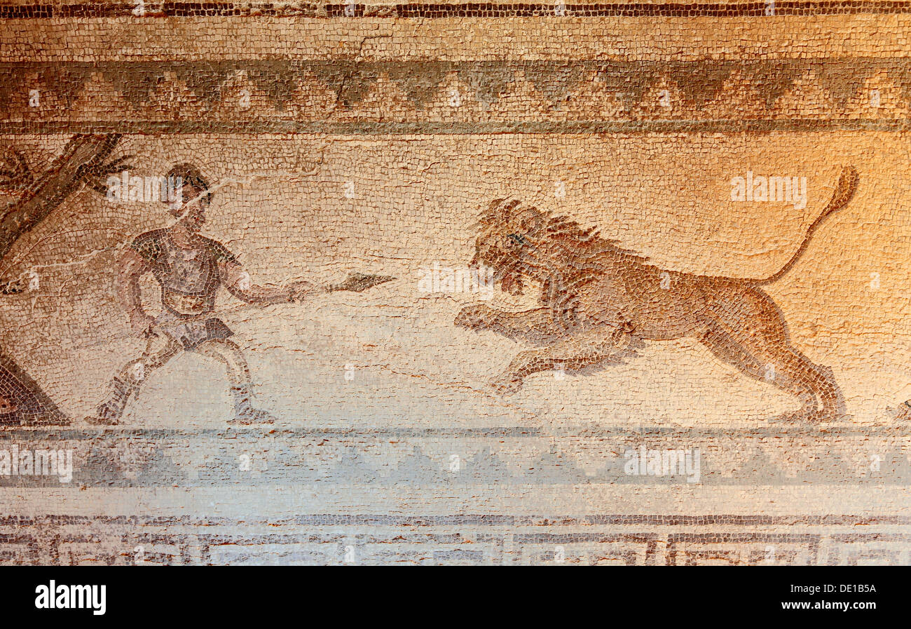Zypern, Paphos Stadt, Gazibaf, Website der antiken Ruinen, archäologischer Park, Mosaik in das Haus des Dionysos, Jagdszene Stockfoto