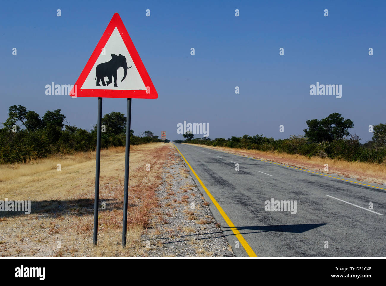 Verkehr/Transport, Beschilderung, Schild "Achtung Elefanten', auf der Straße, Caprivi, Namibia, Additional-Rights - Clearance-Info - Not-Available Stockfoto