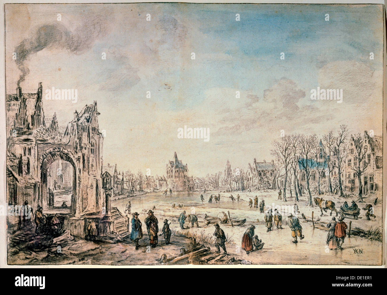 "Winterlandschaft mit Skatern", holländische Malerei des 17. Jahrhunderts. Künstler: Aert van der Neer Stockfoto