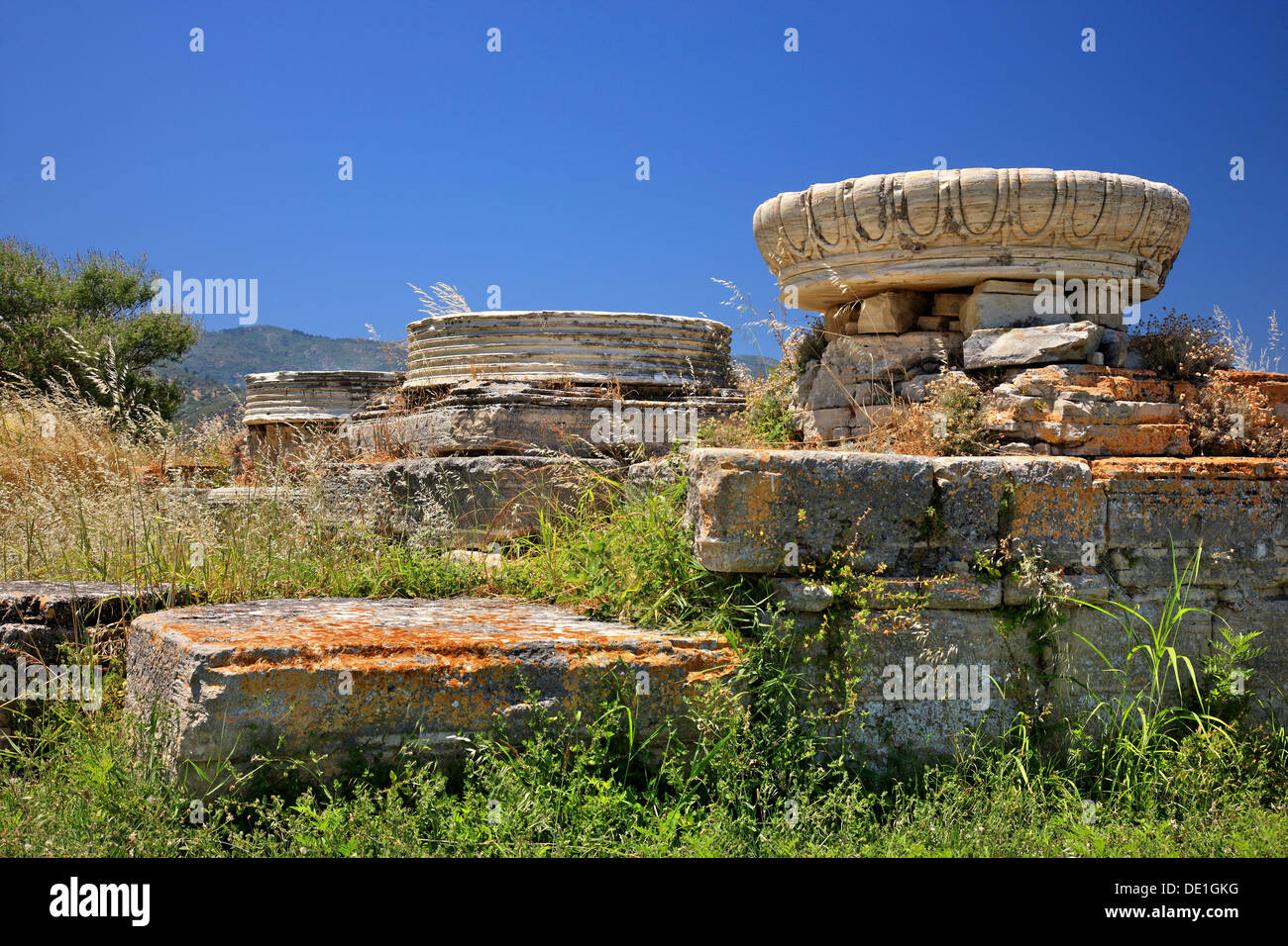 Der Tempel der Hera (Heraion), bei der Ausgrabungsstätte Heraion, Insel Samos, Griechenland Stockfoto