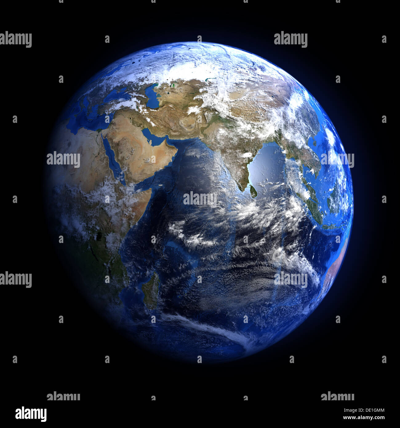 Die Erde aus dem Weltraum mit Indien und dem Nahen Osten. Isoliert auf schwarz. Andere Richtungen zur Verfügung. Stockfoto