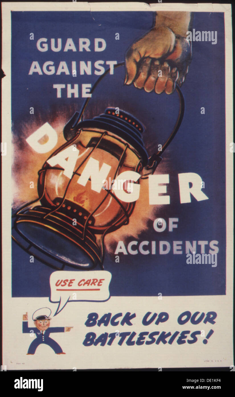 Dieses Sicherheitsposter für den Krieg fordert die Bürger auf, Unfälle zu verhindern und die Kriegsanstrengungen durch die Gewährleistung sicherer Umgebungen zu unterstützen. Er betont die Notwendigkeit, die militärischen Operationen zu unterstützen, indem die Sicherheit gewahrt und Verletzungen verhindert werden, die die Produktion und die Bereitschaft im Krieg behindern könnten. Stockfoto