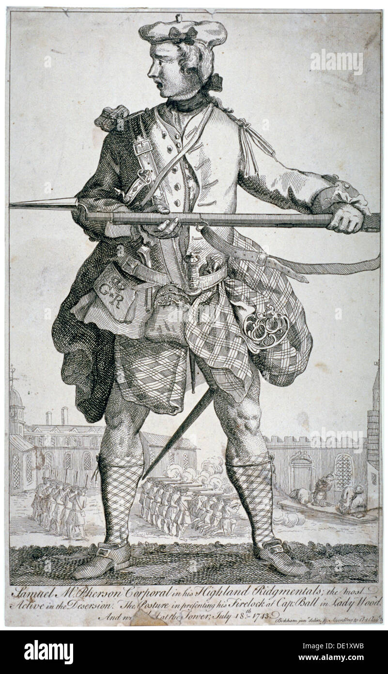 Samuel McPherson, schottischer Soldat, 1743. Künstler: George Bickham Stockfoto