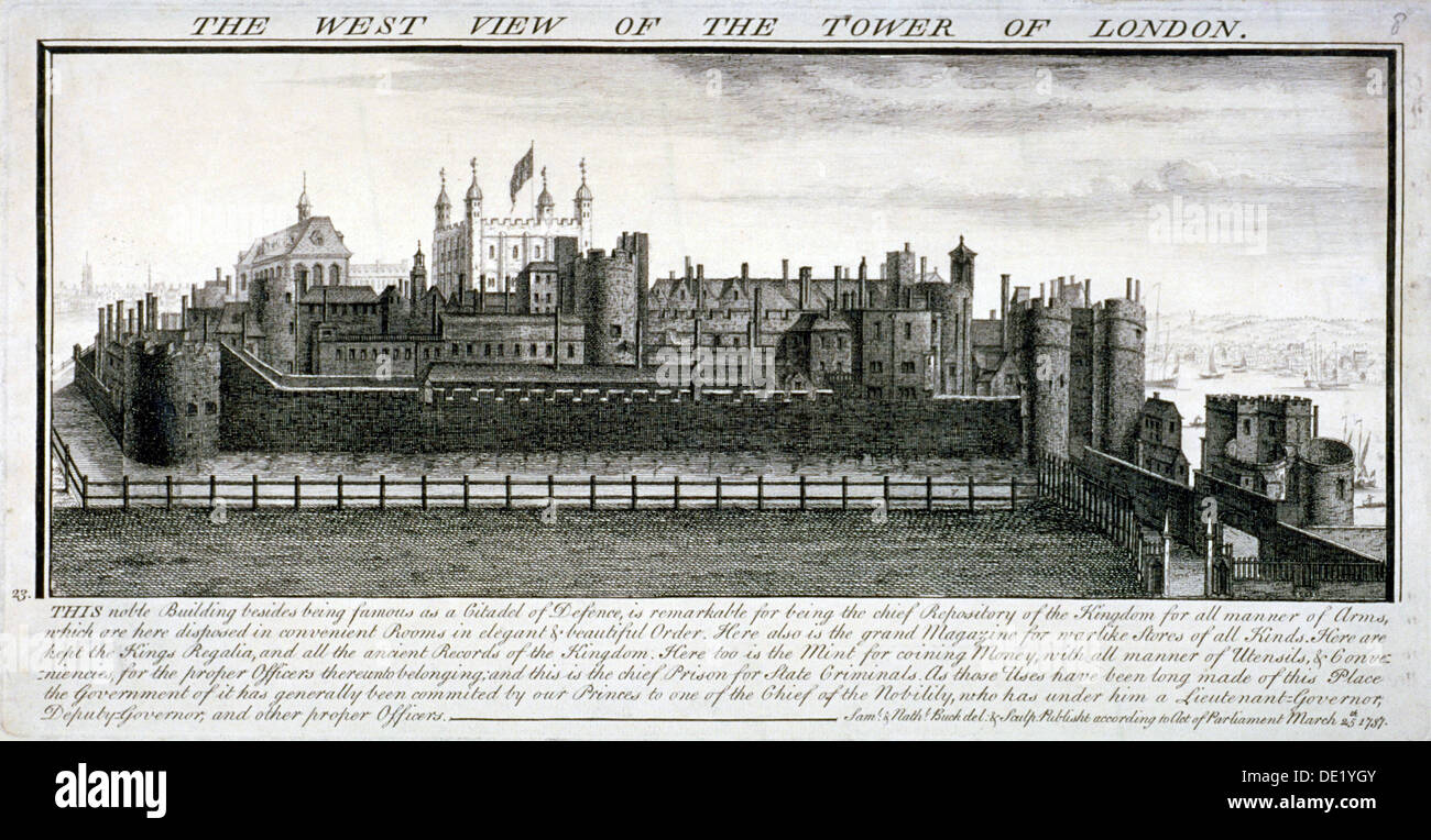 West-Blick auf den Tower of London, mit einer Beschreibung, 1737. Künstler: Samuel Buck Stockfoto