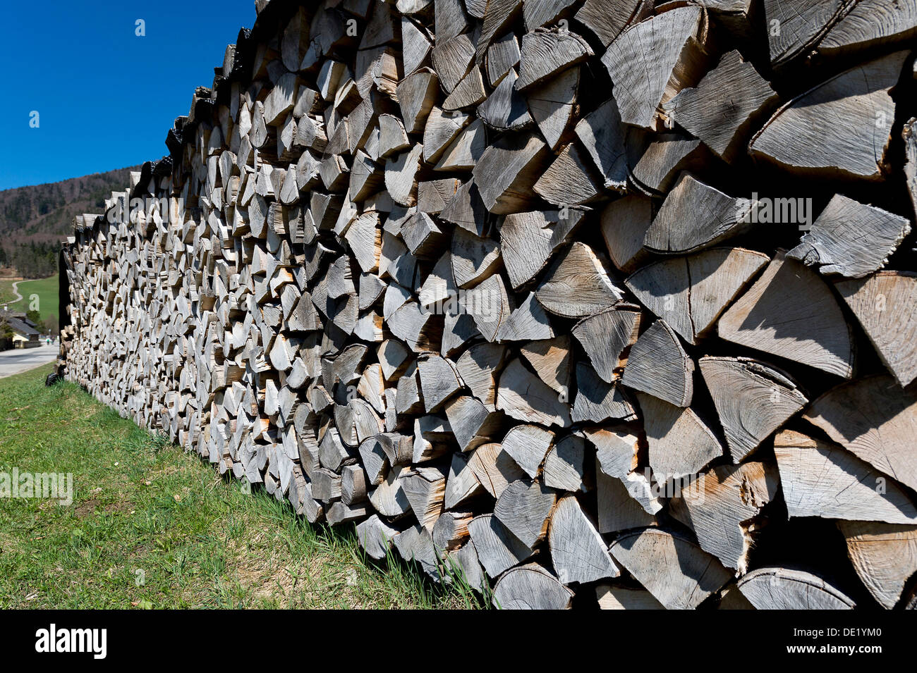 Aufgetürmte Brennholz, Protokolle, Ried bin Wolfgangsee, Salzburger Land, Österreich Stockfoto