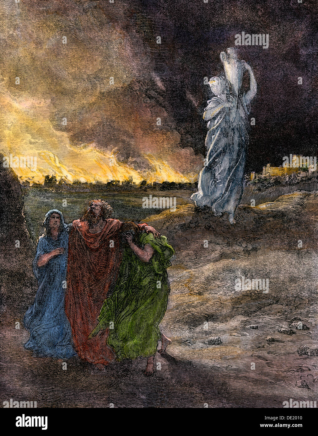 Lots Frau in eine Salzsäule, weil sie zurück an Sodoms Vernichtung sah. Hand - farbige Holzschnitt Stockfoto