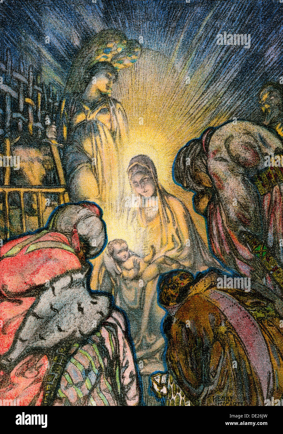 Drei Könige Anbetung Jesuskind in Bethlehem. farblithographie einer Abbildung Stockfoto