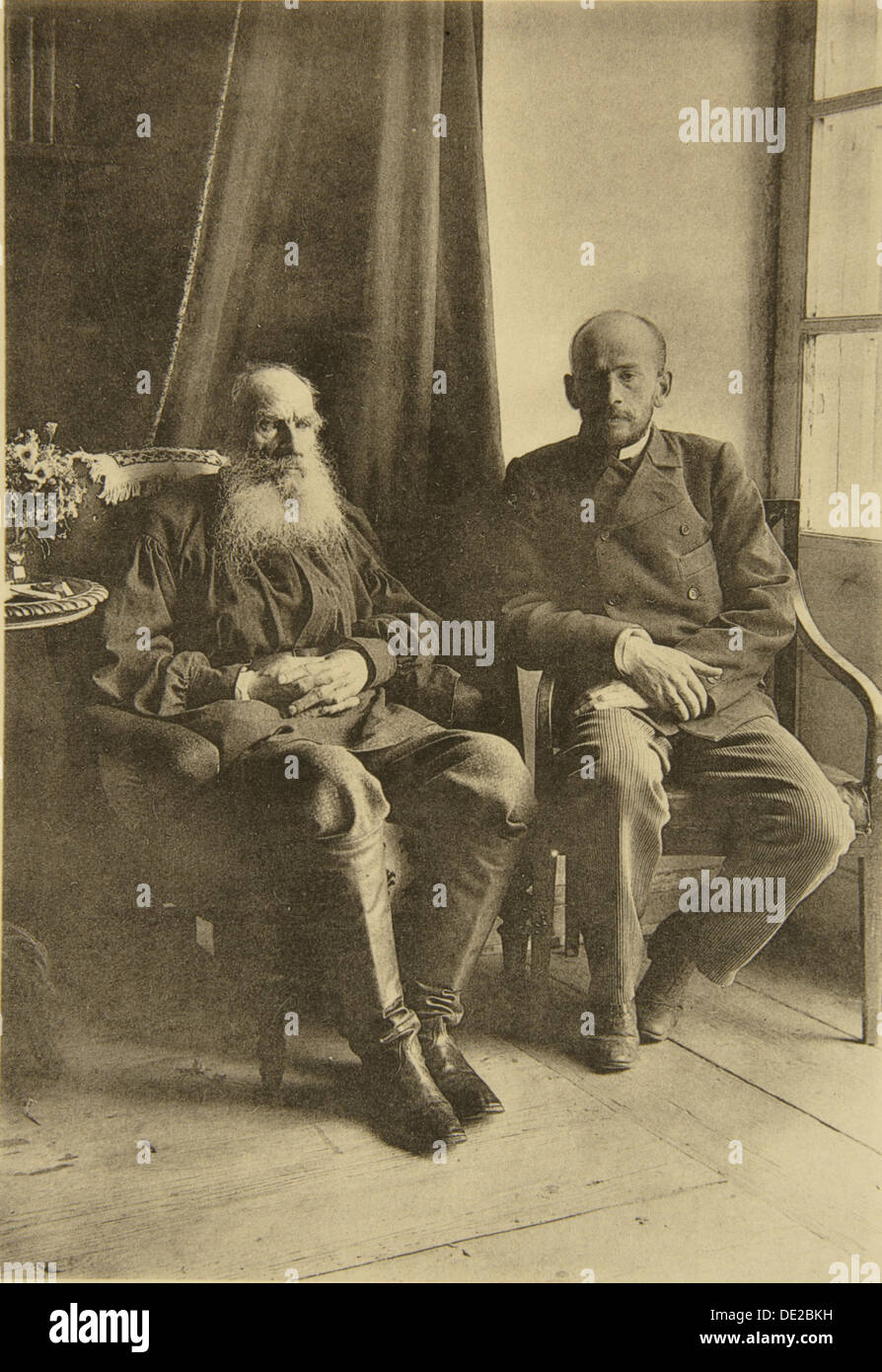 Russische Schriftsteller Leo Tolstoy mit seinem Sohn Leo, Russland, 1899. Künstler: Sophia Tolstaya Stockfoto