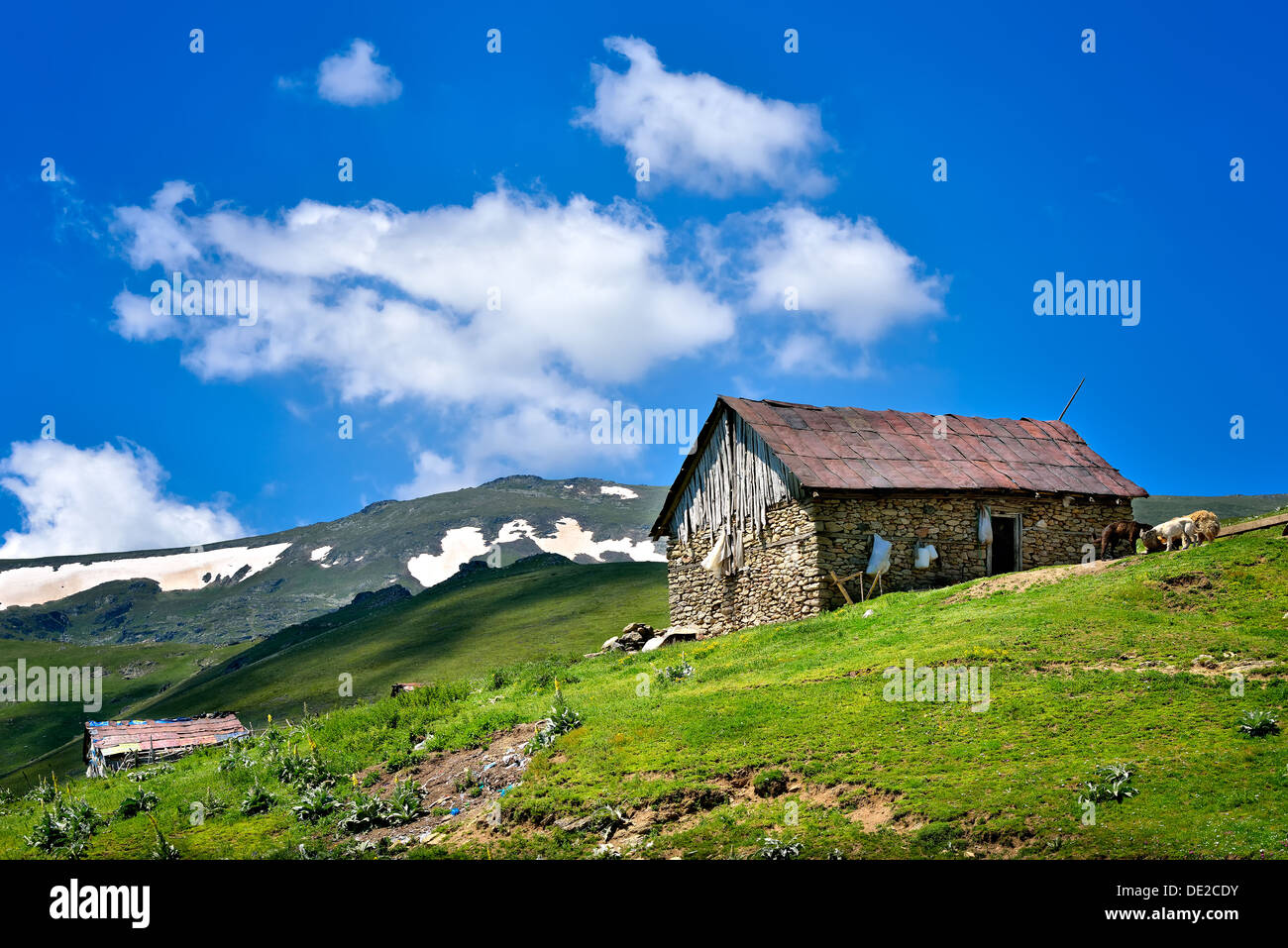Landschaft in Mazedonien: Berge, Wälder, Wiesen und einem Bauernhof. Stockfoto