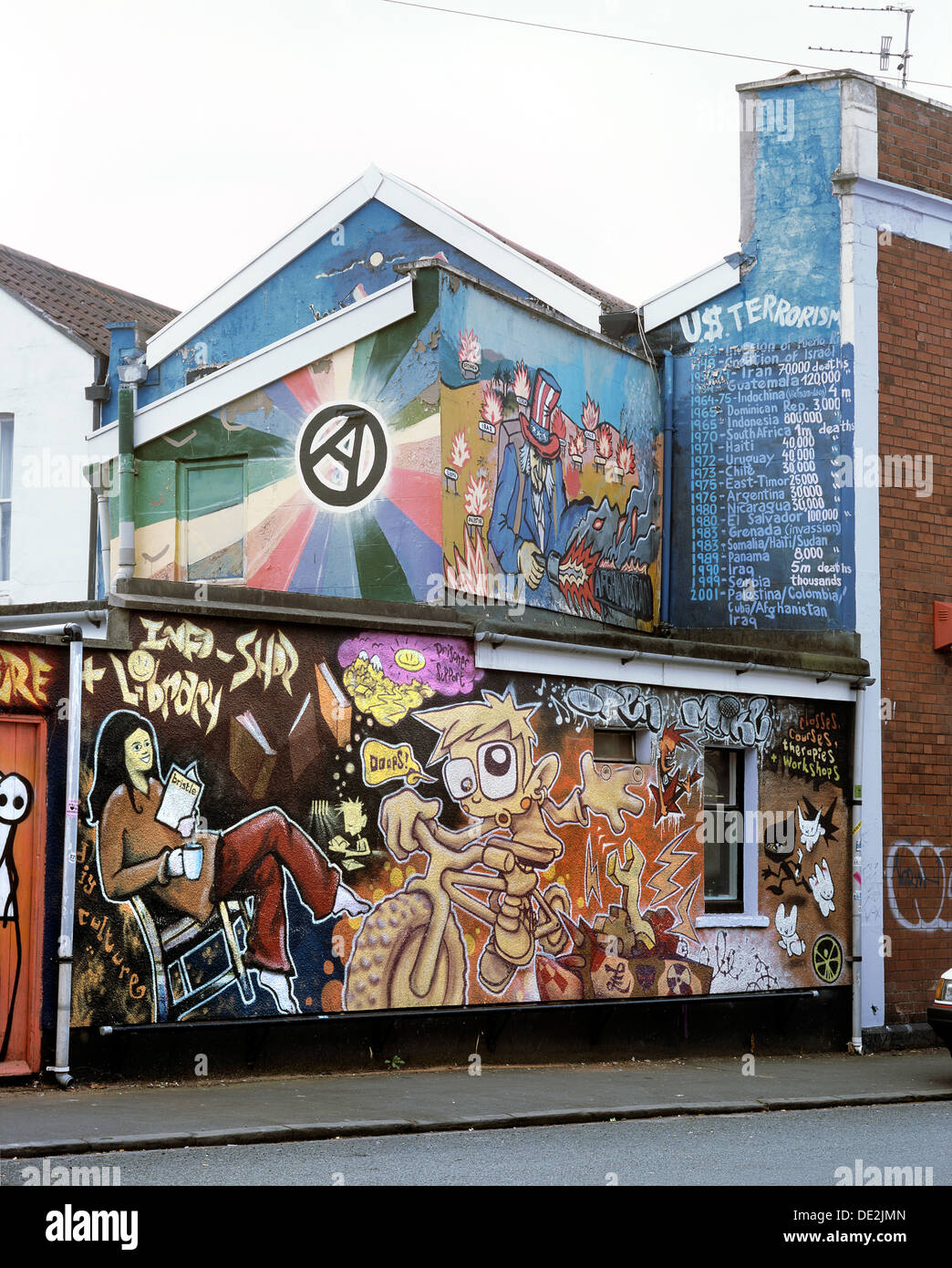 Wandbild Darstellung antikapitalistische und anarchistische Themen auf dem Entschuldigungsschreiben Kommunity Projekt Bau Rückwand, Robertson Straße, Bristol Stockfoto