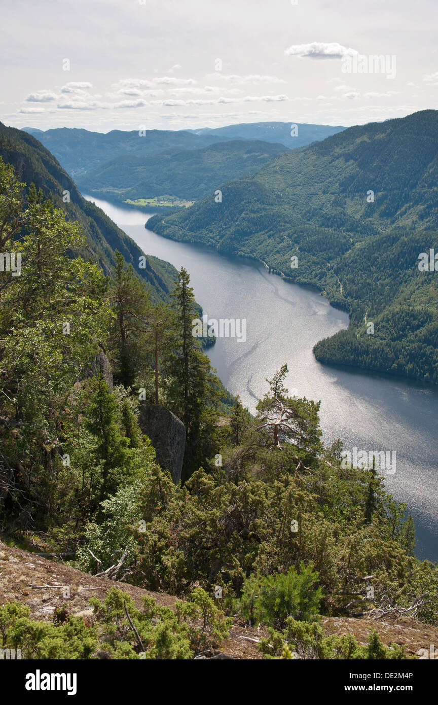 Blick von oben, fjordartige See Bandak, Lårdalstigen bei Dalen, Lardalstigen, Telemark, Norwegen, Skandinavien, Nordeuropa Stockfoto