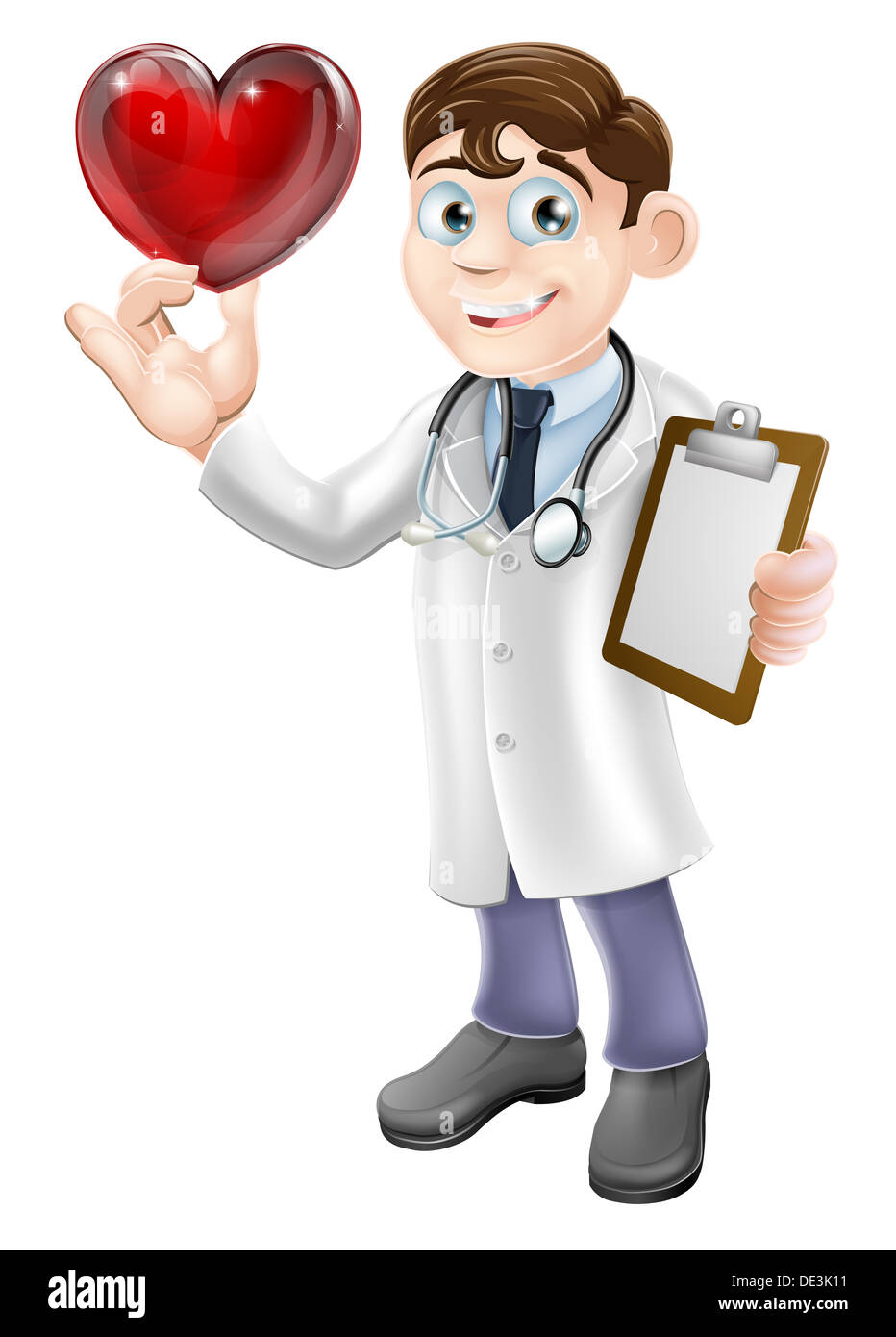 Comic-Illustration der junge Arzt hält eine herzförmige Symbol. Herz-Spezialist oder fürsorglicher Arzt oder Kardiologen. Stockfoto