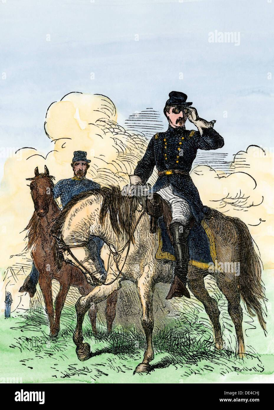 General George McClellan im Bereich auf dem Pferd, US-Bürgerkrieg. Hand - farbige Holzschnitt Stockfoto