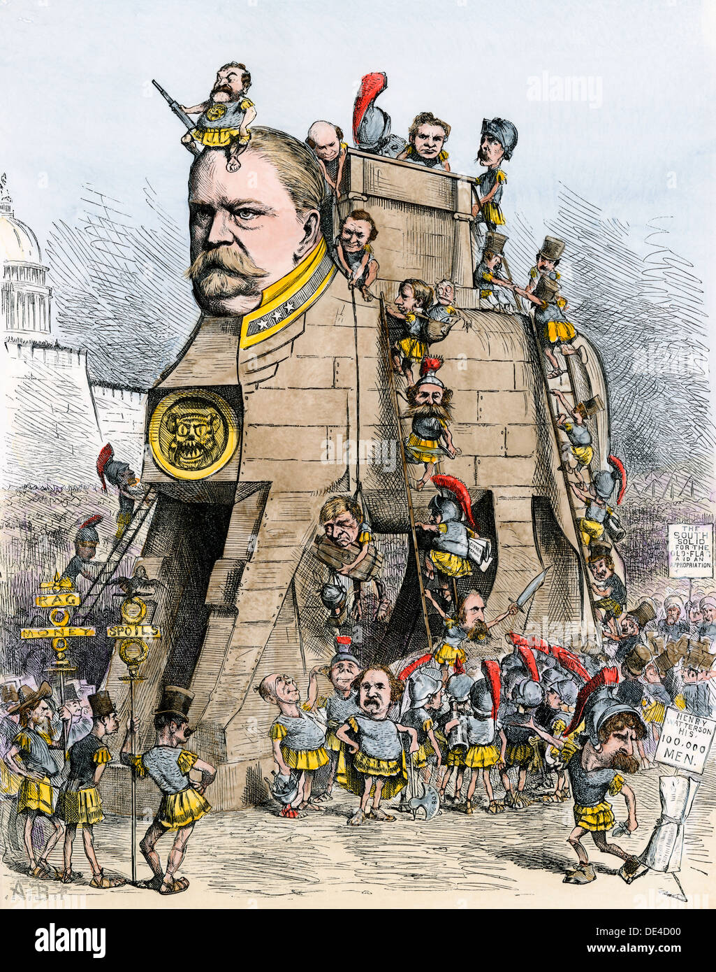 Winfield Scott Hancock cartooned als demokratische Trojan Horse, Wahlkampf von 1880. Hand - farbige Holzschnitt Stockfoto