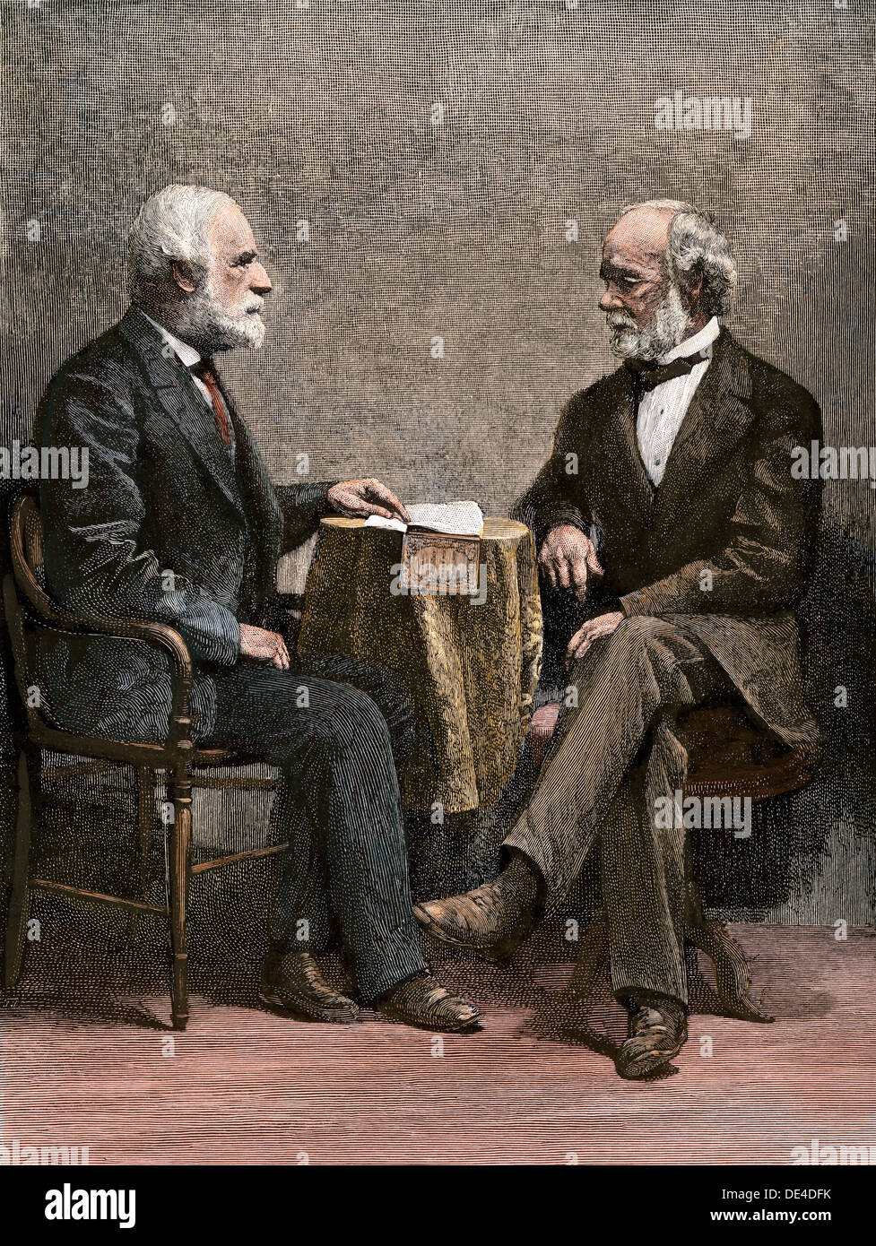 Confederate generals Robert E. Lee und Joseph E. Johnston, aus einem Foto nach dem Krieg. Hand - farbige Holzschnitt Stockfoto