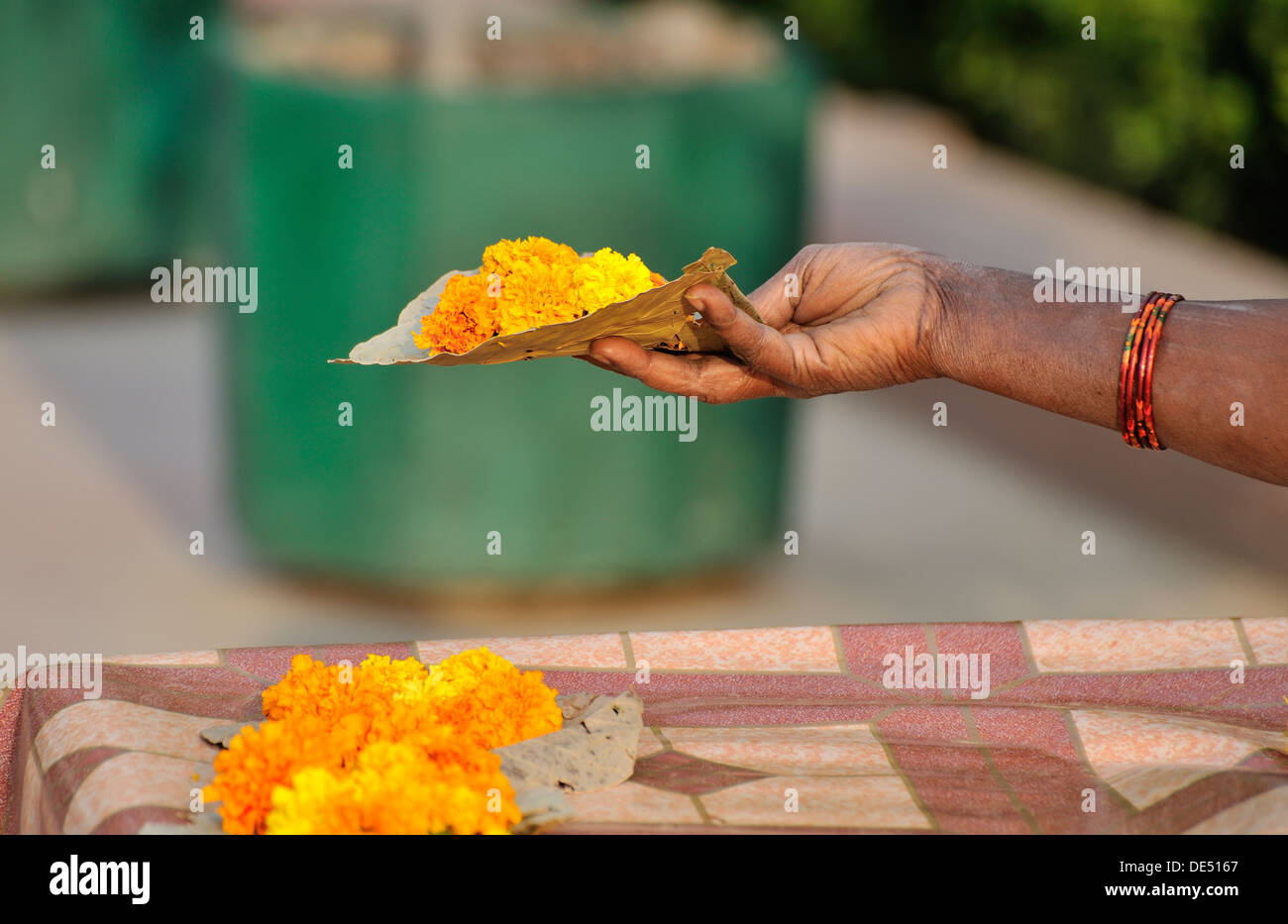 Blumenverkäuferin Raj Ghat Denkmal auf dem Gelände der Einäscherung von Mahatma Gandhi, New Delhi, Indien Stockfoto