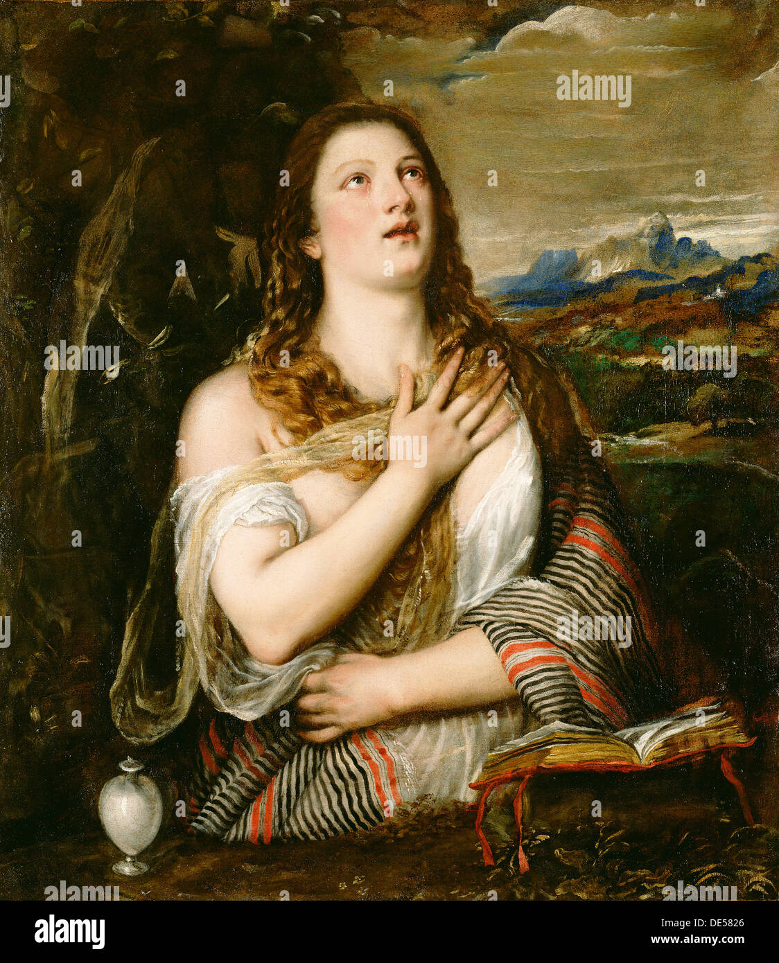 Die reuige Magdalena; Tizian (Tiziano Vecellio), Italienisch, etwa 1487-1576; 1555 - 1565; Öl auf Leinwand; Ungerahmt: 106,7 x 93 Stockfoto