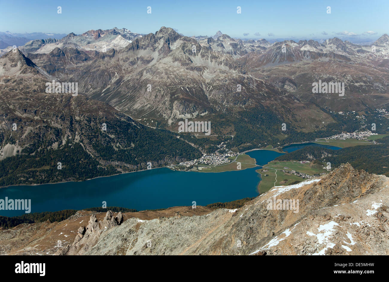 Surlej, Schweiz, Blick von der Corvatsch-Seilbahn auf die Bernina-Berge Stockfoto