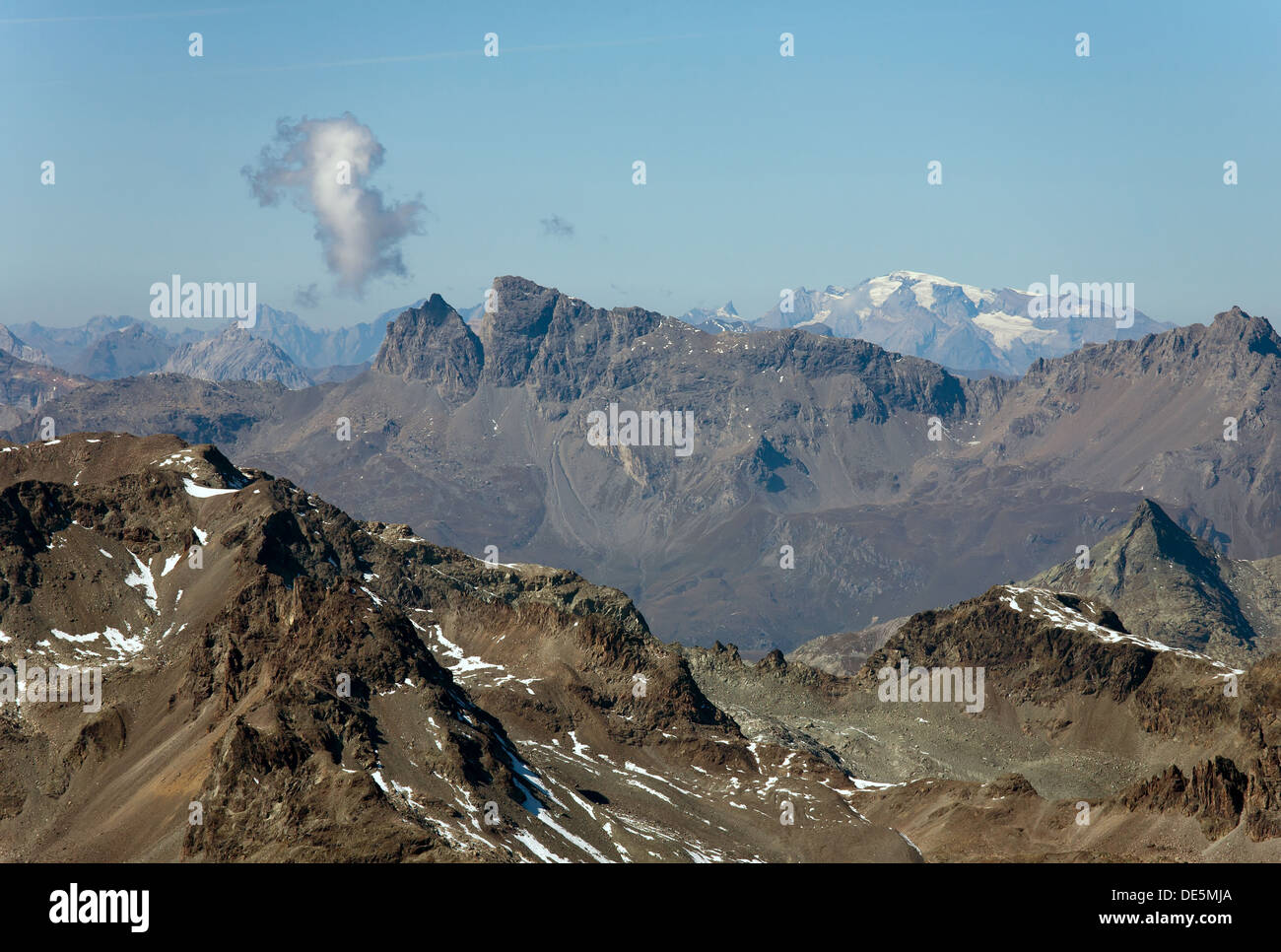 Surlej, Schweiz, Blick vom Corvatsch des Bernina-Gebirges im Oberengadin Stockfoto