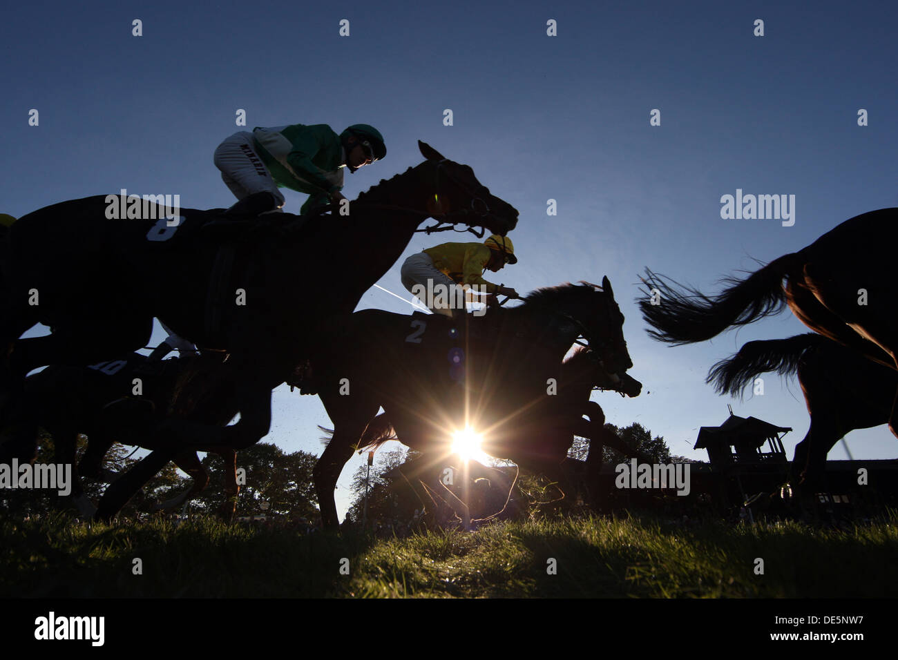 Dresden, Deutschland, Silhouette, Jockeys auf ihren Pferden bei Sonnenuntergang Stockfoto