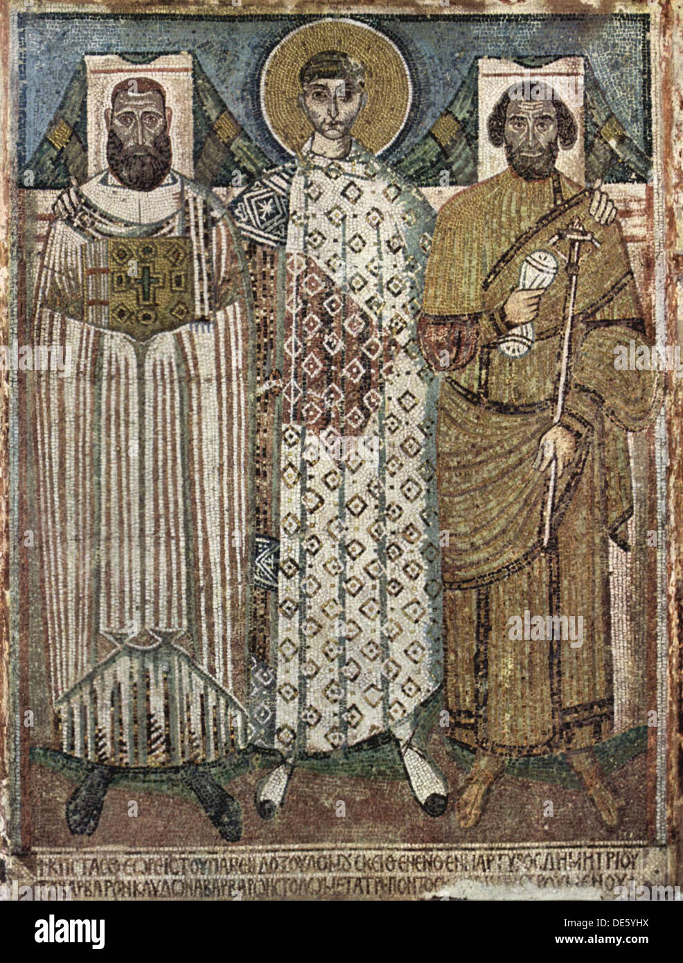 Saint Demetrius von Thessaloniki mit den Gebern, 6.-7. Jahrhundert. Künstler: Meister des Hagios Demetrios (Ende des 6. Jhs.) Stockfoto