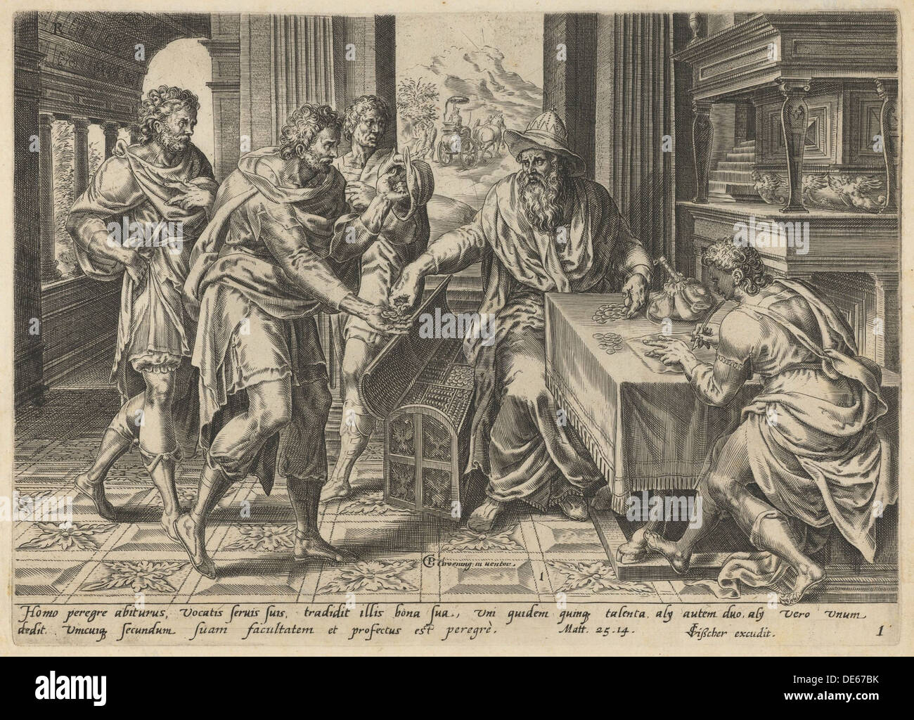 Das Gleichnis von den Talenten. Künstler: Doetechum, Lucas van (c. 1530-c.1584) Stockfoto