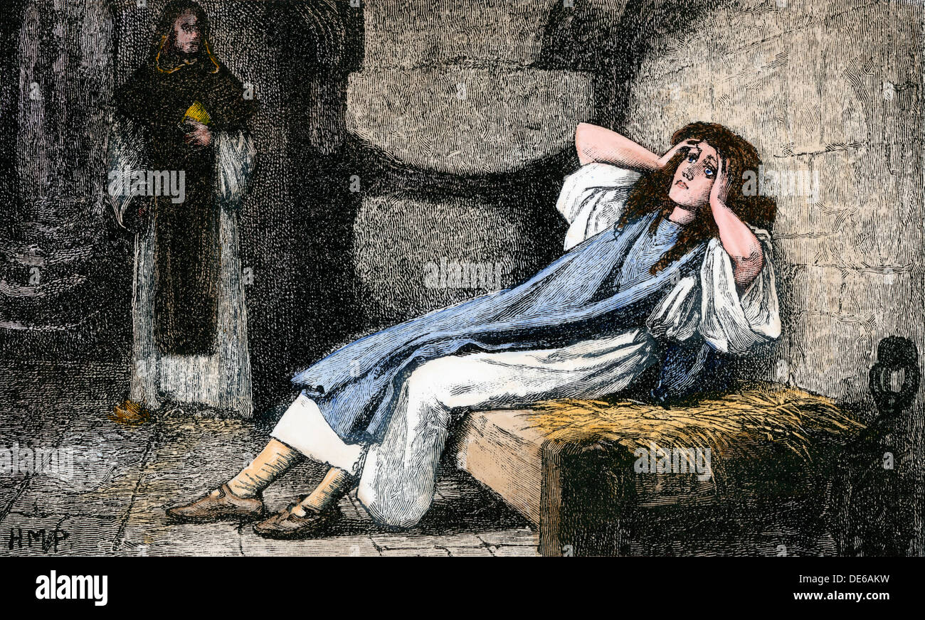 Jeanne d'Arc, die zusammengerufen sind, um die Ausführung für Ketzerei, Roen, 1431. Hand - farbige Holzschnitt Stockfoto