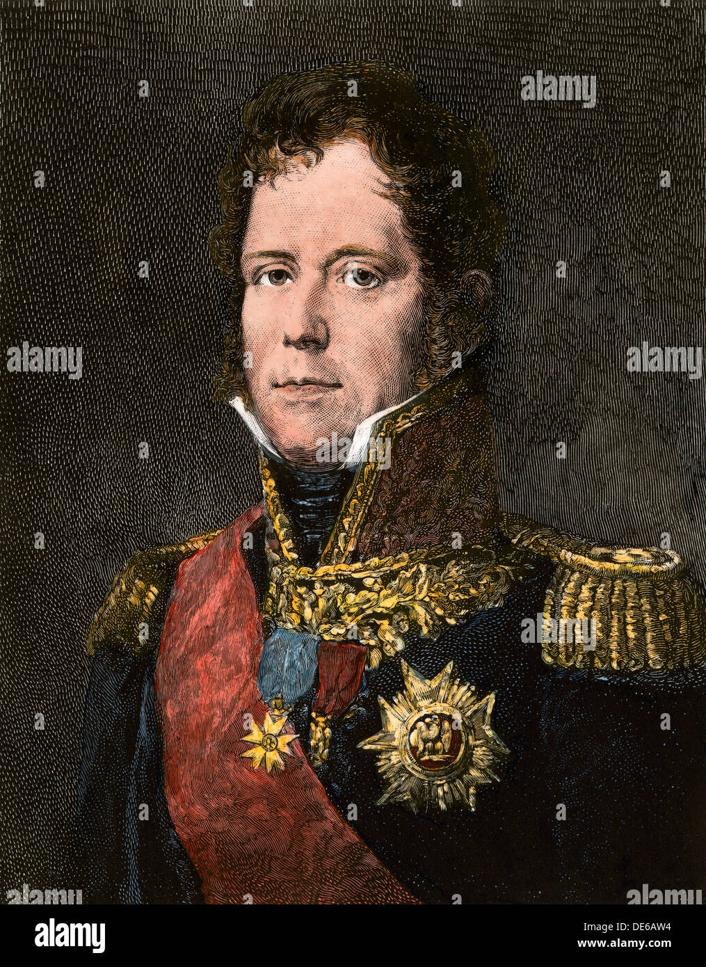 Marschall Michel Ney, Kommandant der alten Garde Napoleons bei Waterloo. Hand - farbige Holzschnitt Stockfoto