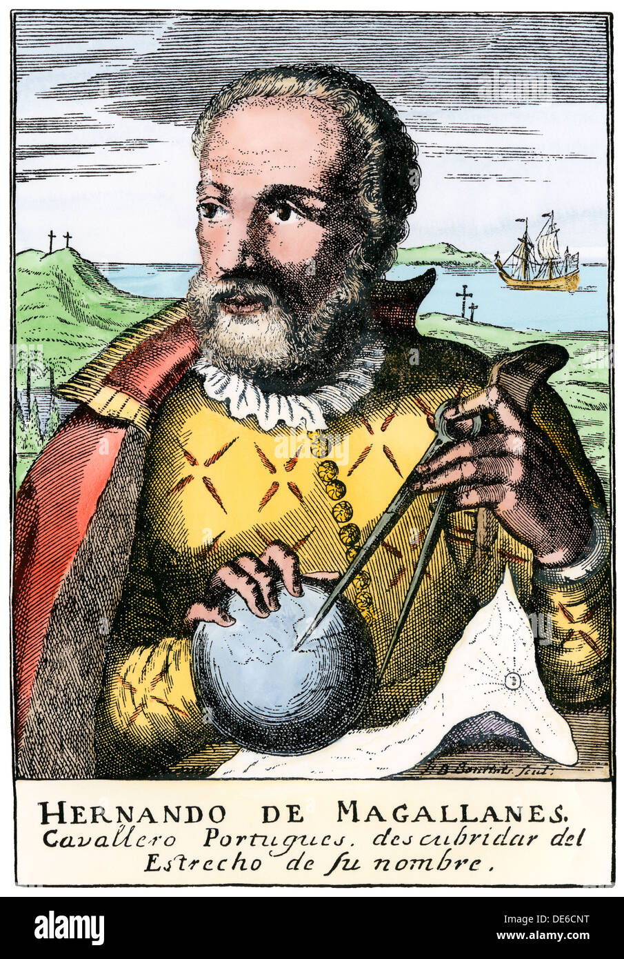 Magellan holding Bremssättel, von der Gravur in Hererra. Hand - farbige Holzschnitt Stockfoto