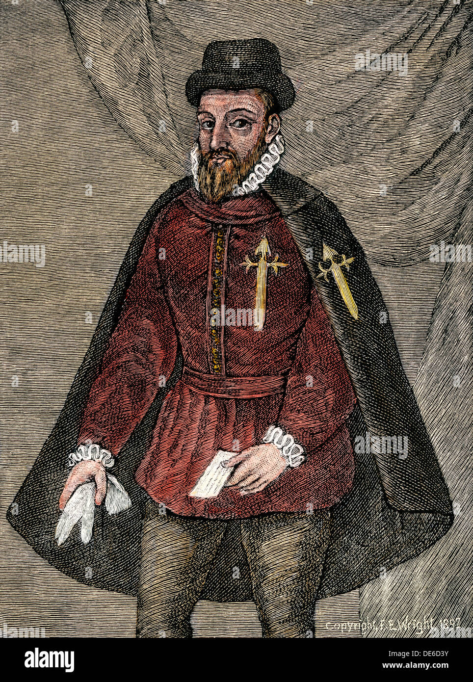 Francisco Pizarro, der Eroberer von Peru, stehend. Hand - farbige Holzschnitt Stockfoto