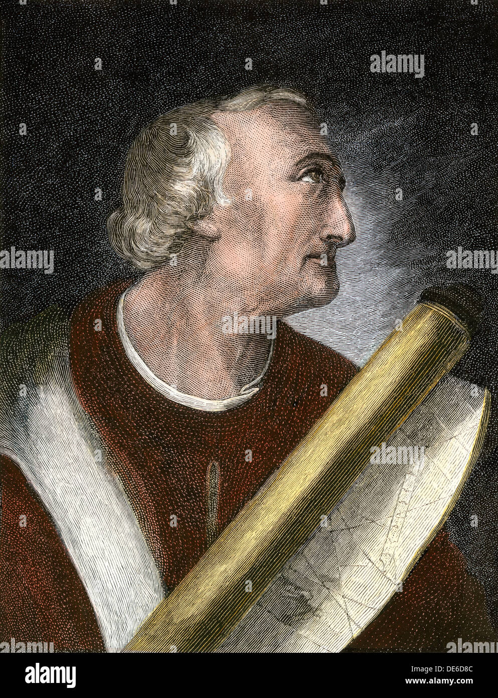 Amerigo Vespucci mit Karte. Hand farbige Holzschnitt Stockfotografie