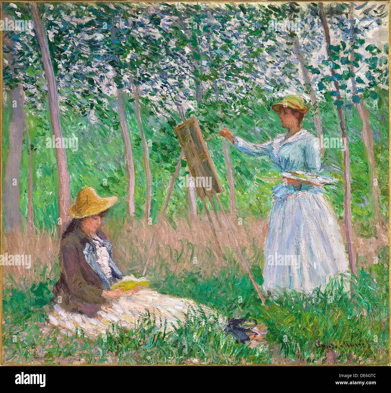 In den Wäldern in Giverny: Blanche Hoschedé an Ihrer Staffelei mit Suzanne Hoschedé Lesen, 1887. Artist: Monet, Claude (1840-1926) Stockfoto